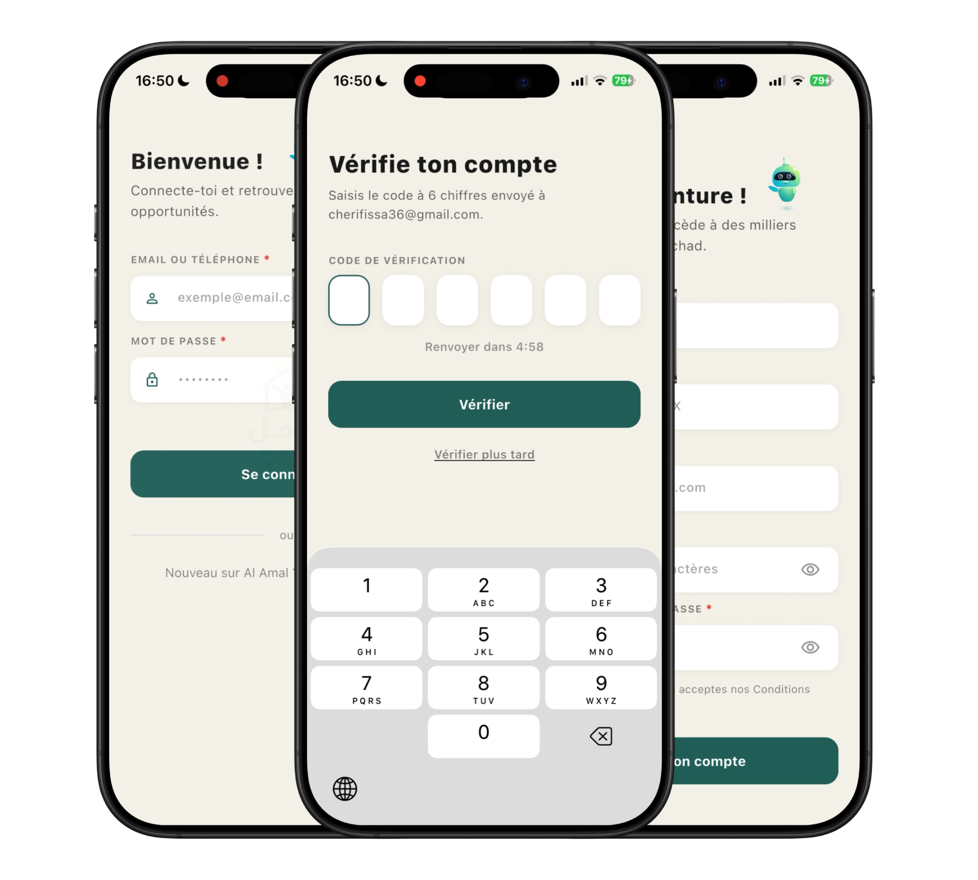 Écrans de création de compte Al Amal TD : bienvenue, vérification, inscription